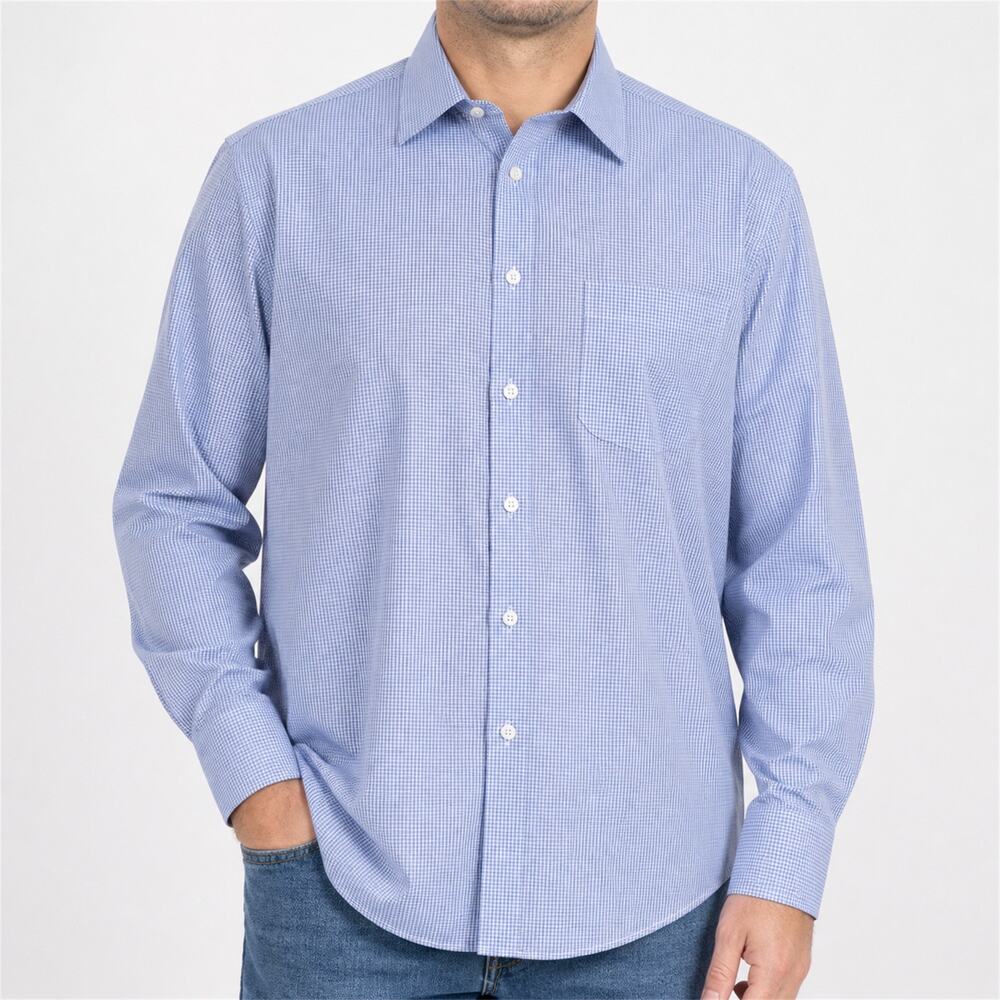 Neiman Marcus Shirt Mens XL 16.5 Blue White Houndstooth Button Down Wrinkle Free